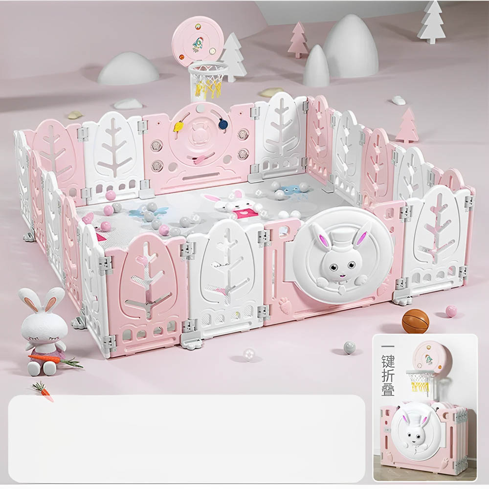 Myts - Playpen With Swing /slide/ Rocking Horse/ Basketball Hoop /ball Pit and Storage Cabinet for Kids - Pink