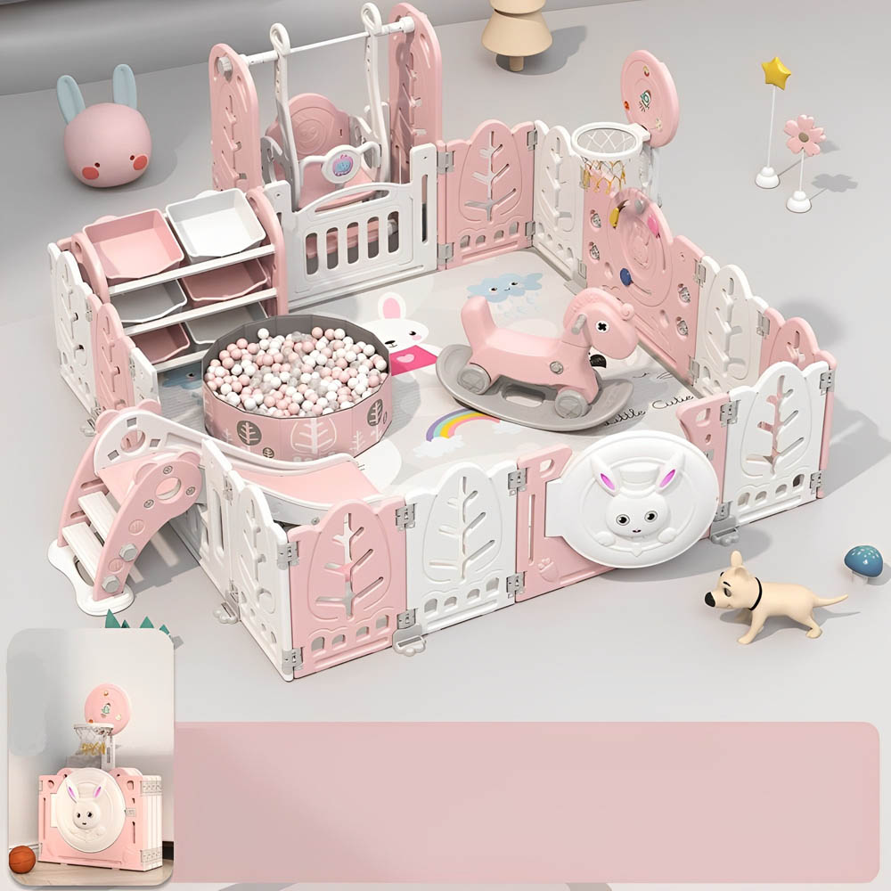 Myts - Playpen With Swing /slide/ Rocking Horse/ Basketball Hoop /ball Pit and Storage Cabinet for Kids - Pink