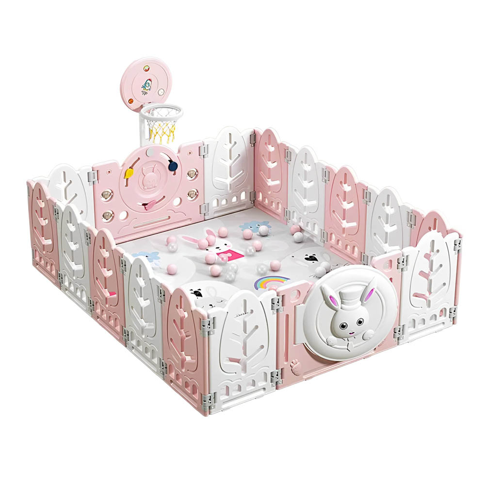 Myts - Playpen With Swing /slide/ Rocking Horse/ Basketball Hoop /ball Pit and Storage Cabinet for Kids - Pink