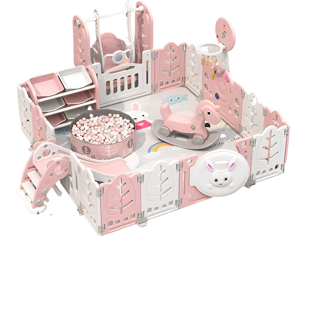Myts - Playpen With Swing /slide/ Rocking Horse/ Basketball Hoop /ball Pit and Storage Cabinet for Kids - Pink