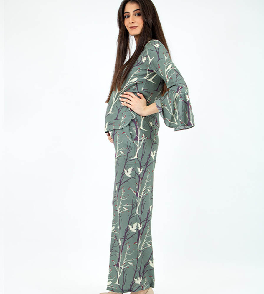 Oh9shop - Top and Pants Birds Khaki Co-ords - Khaki