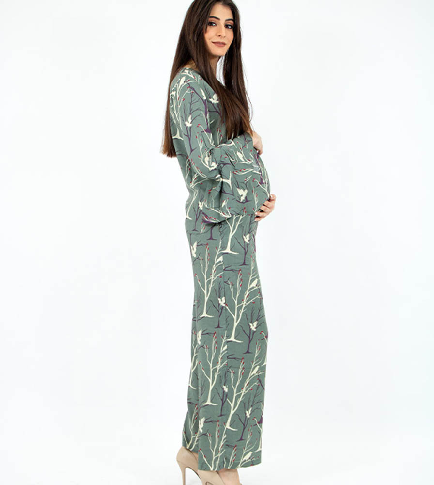 Oh9shop - Top and Pants Birds Khaki Co-ords - Khaki