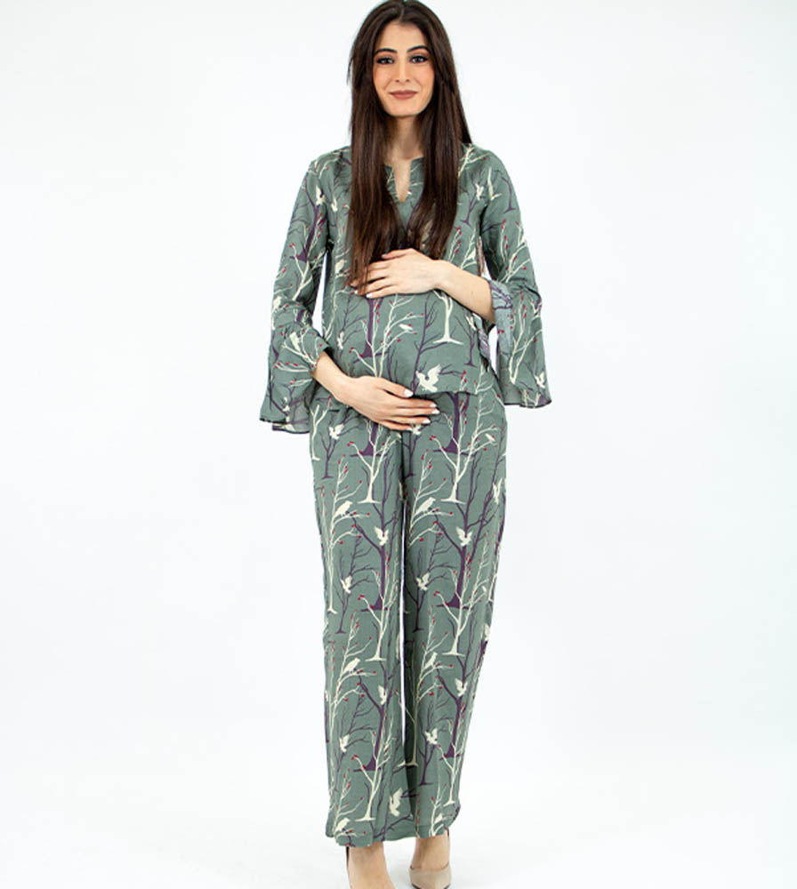 Oh9shop - Top and Pants Birds Khaki Co-ords - Khaki