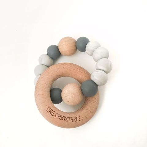 One.Chew.Three Single Rattle & Beech Wood Teether - Grey Marble