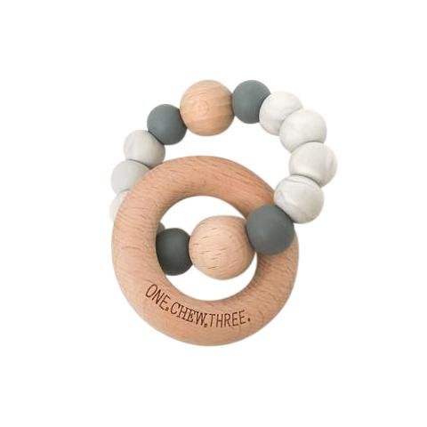 One.Chew.Three Single Rattle & Beech Wood Teether - Grey Marble