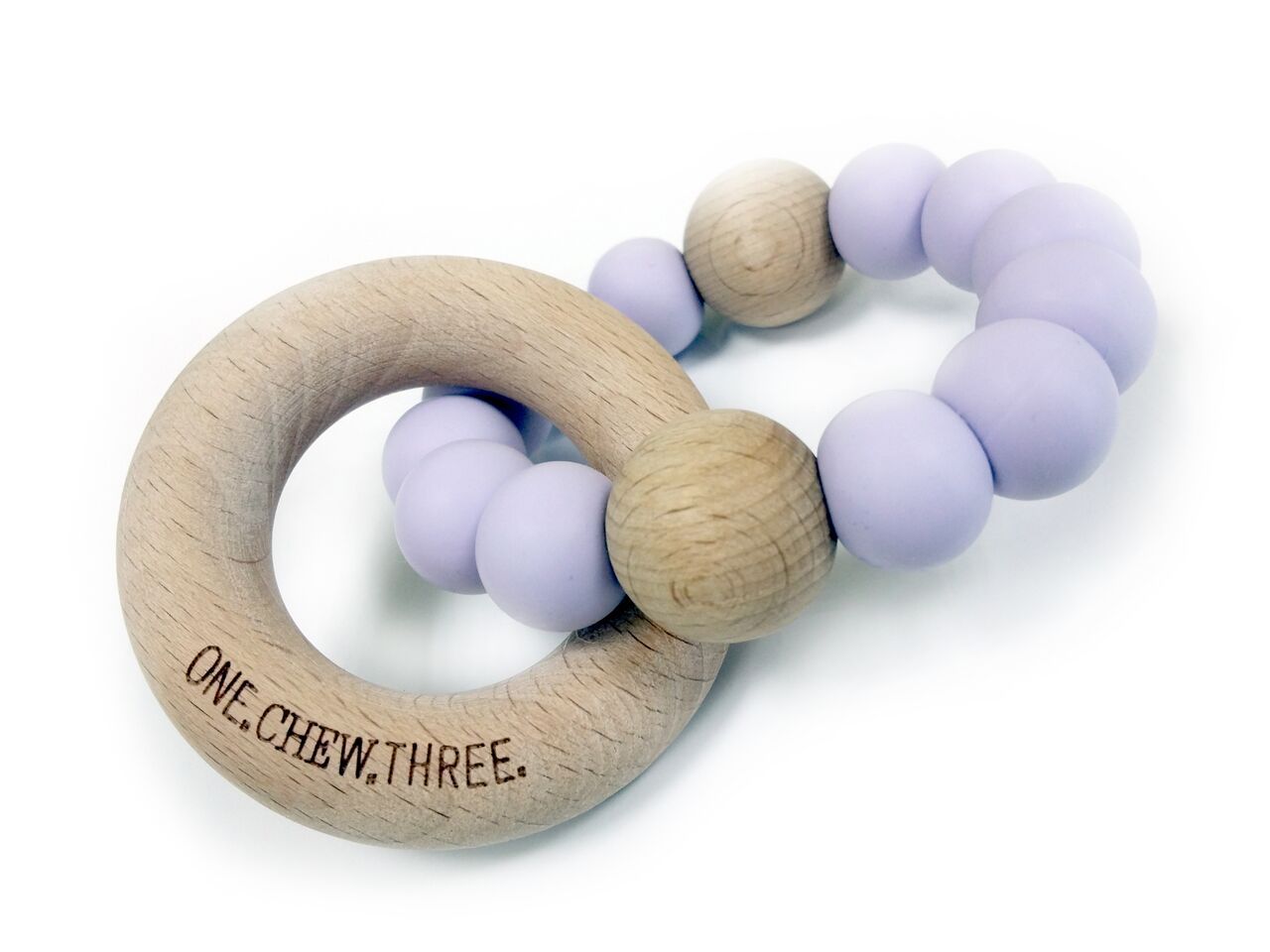 One.Chew.Three Single Rattle & Beech Wood Teether - Pastel Purple