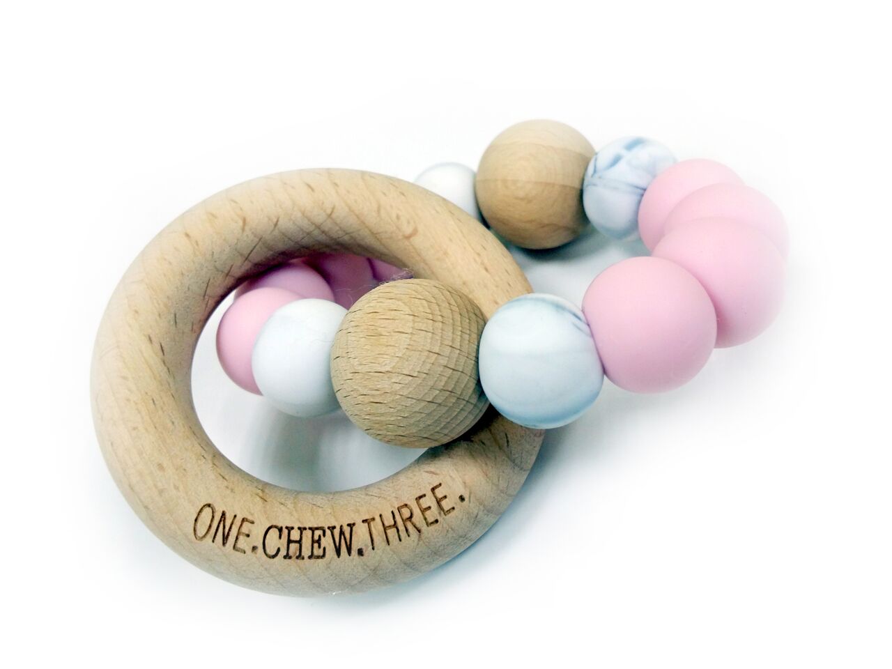 One.Chew.Three Single Rattle & Beech Wood Teether - Pink Marble