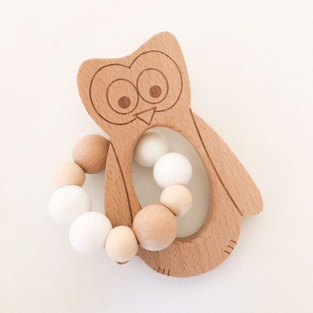 One.Chew.Three Sleepy Fox & Owl Silicone Teether - Owl, Natural White