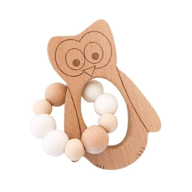 One.Chew.Three Sleepy Fox & Owl Silicone Teether - Owl, Natural White