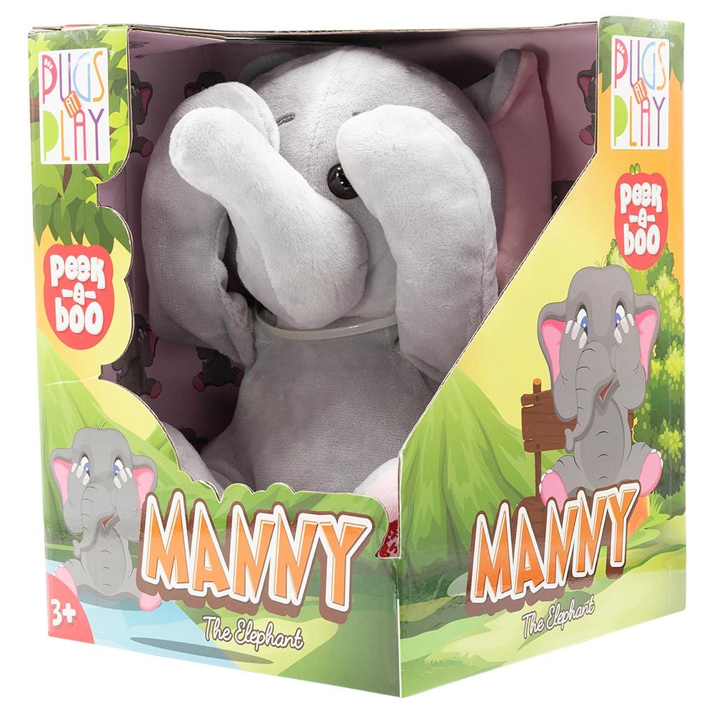 PUGS AT PLAY - Peek A Boo Manny Elephant Plush Toy - Grey