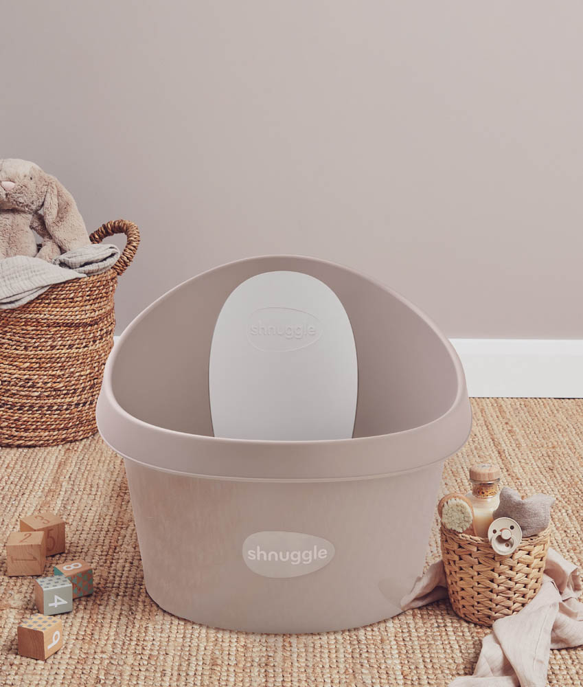 Shnuggle - Toddler Bath Tub with Plug and Seat Support,Fits in shower and Adult Bath - Taupe