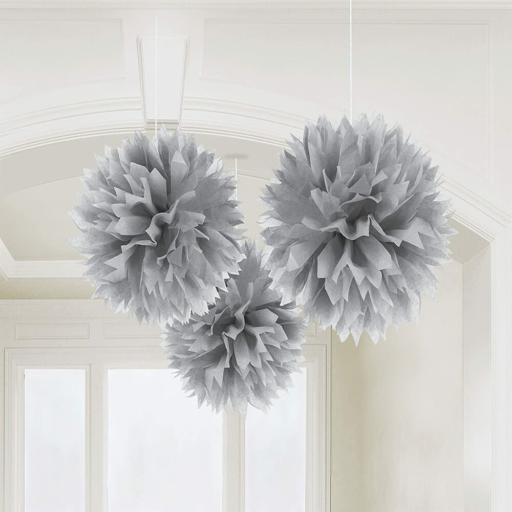 Silver Fluffy Paper Tissue Decorations 3pcs
