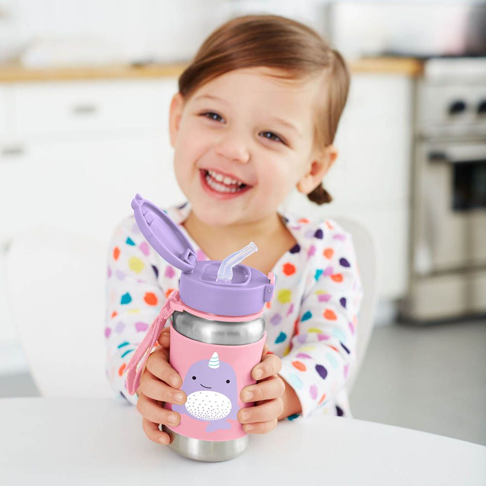Skiphop- Zoo Stainless Steel Kid's Straw Water Bottle, 350ml - Narwhal