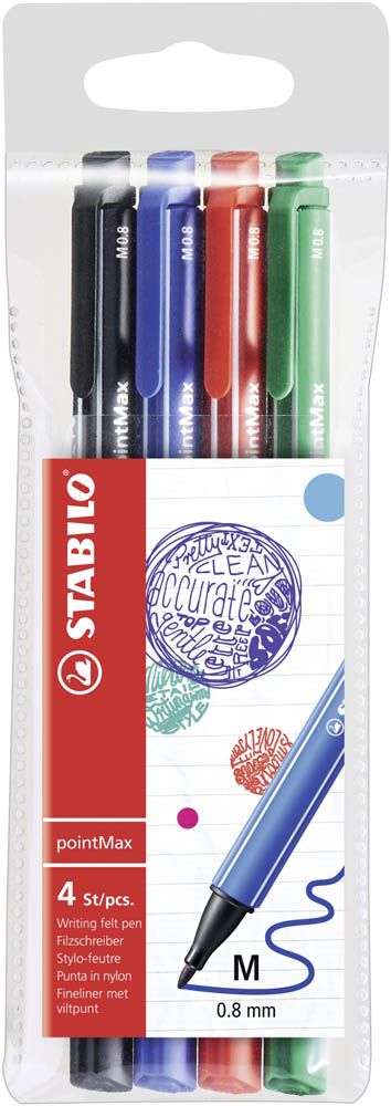 Stabilo - Nylon Tip Writing Pen Point Max Wallet Of 4 Assorted Multi Colours