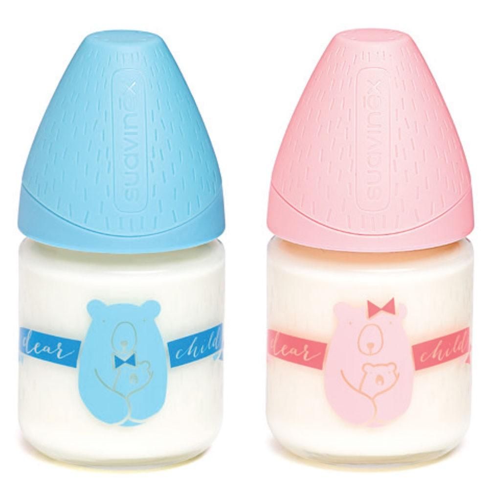 Suavinex - Glass Feeding Bottle 120ml W/3P Round Teat S+0m - Bear 1pc