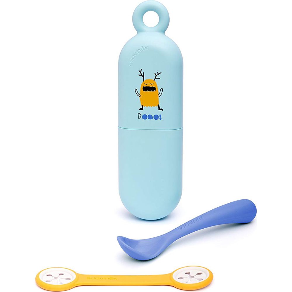 Suavinex Booo Blue L3 On The Go Spoon & Holder with Bib Clip - 4m+