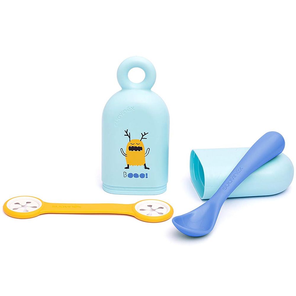 Suavinex Booo Blue L3 On The Go Spoon & Holder with Bib Clip - 4m+