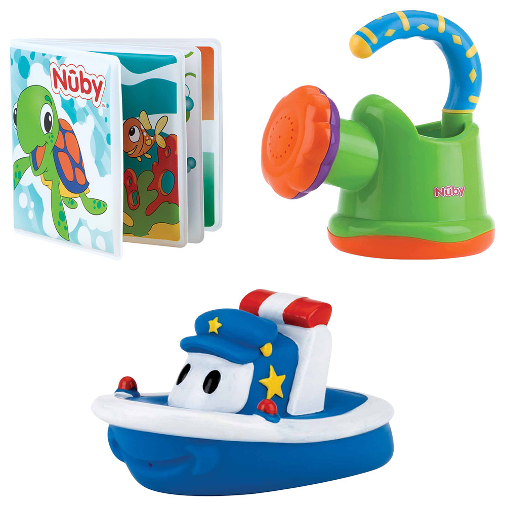 Nuby Bath Watering Can + Bath Blue Boat + Baby's Bath Book
