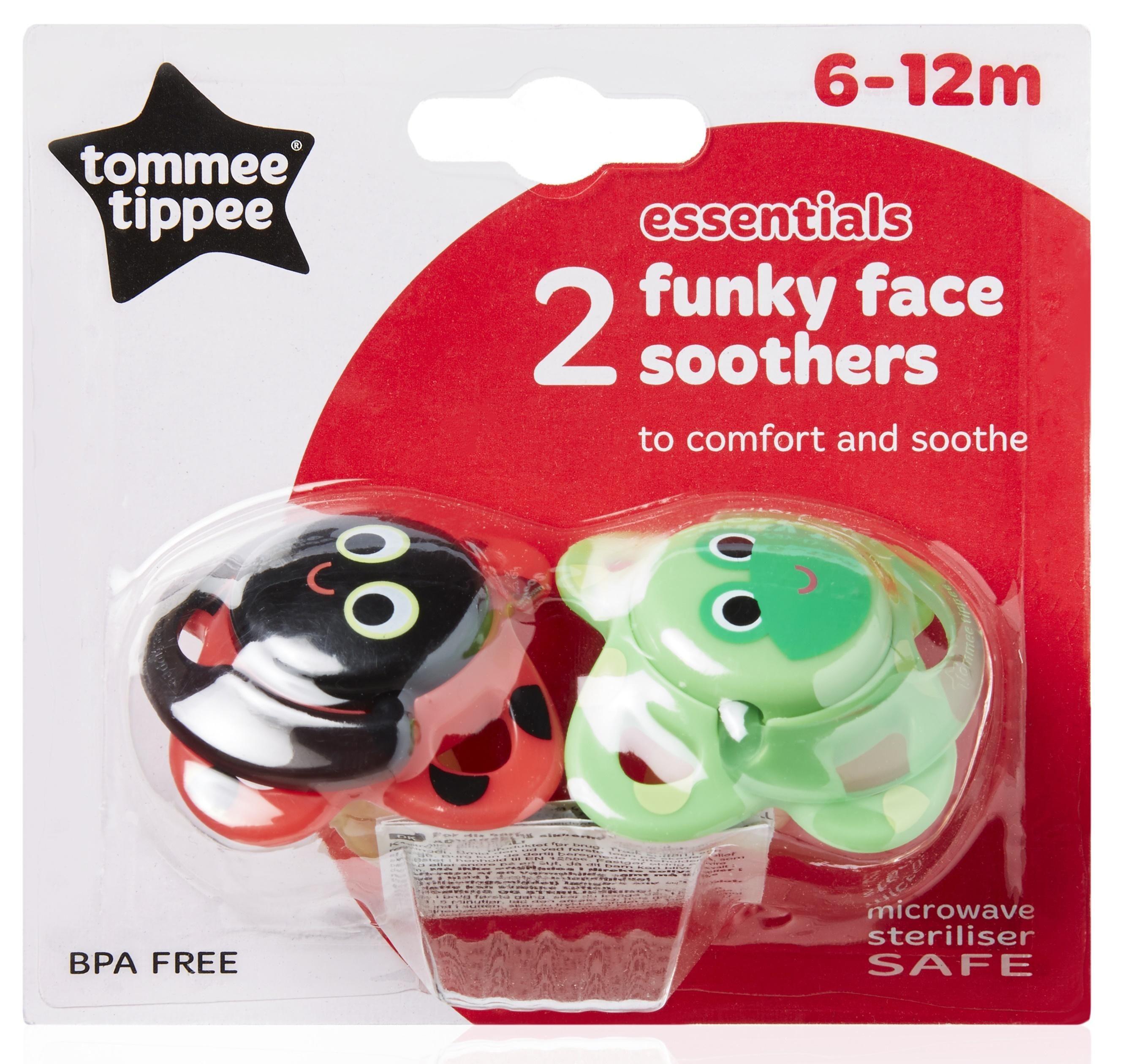 Tommee Tippee-Essentials 2x Funky Face Soother 6-8m,RedGreen