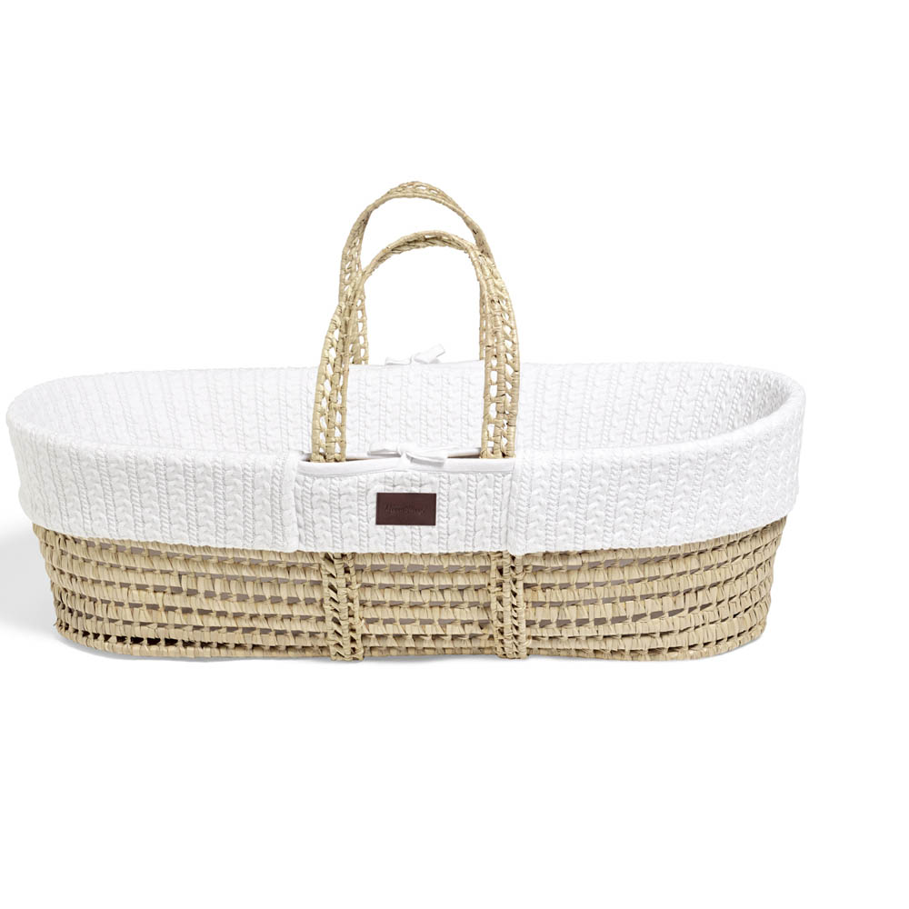 The Little Green Sheep - Natural Knitted Baby Moses Basket & Mattress (LxWxH - 76x24x30cm) - White