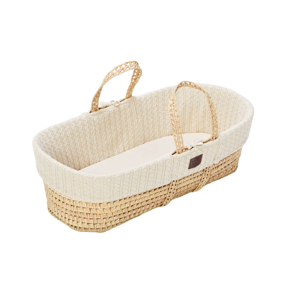 The Little Green Sheep - Natural Knitted Baby Moses Basket & Mattress (LxWxH - 76x24x30cm) - Linen