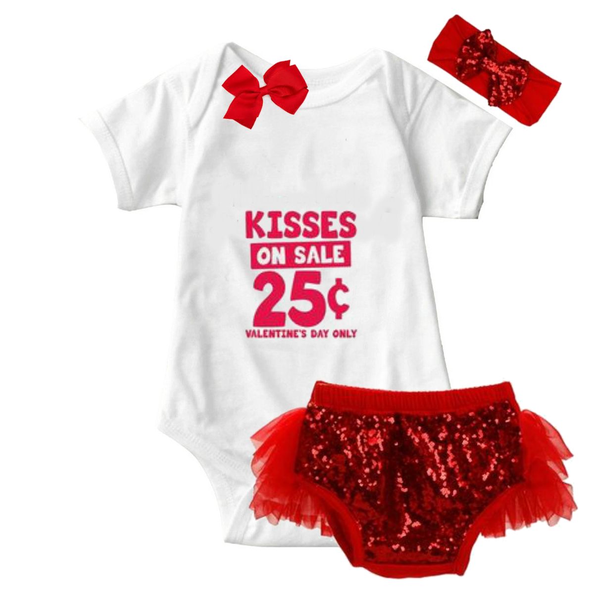 Kisses on Sale 25c Valentine White Onesie & Red Tutu Set Optional