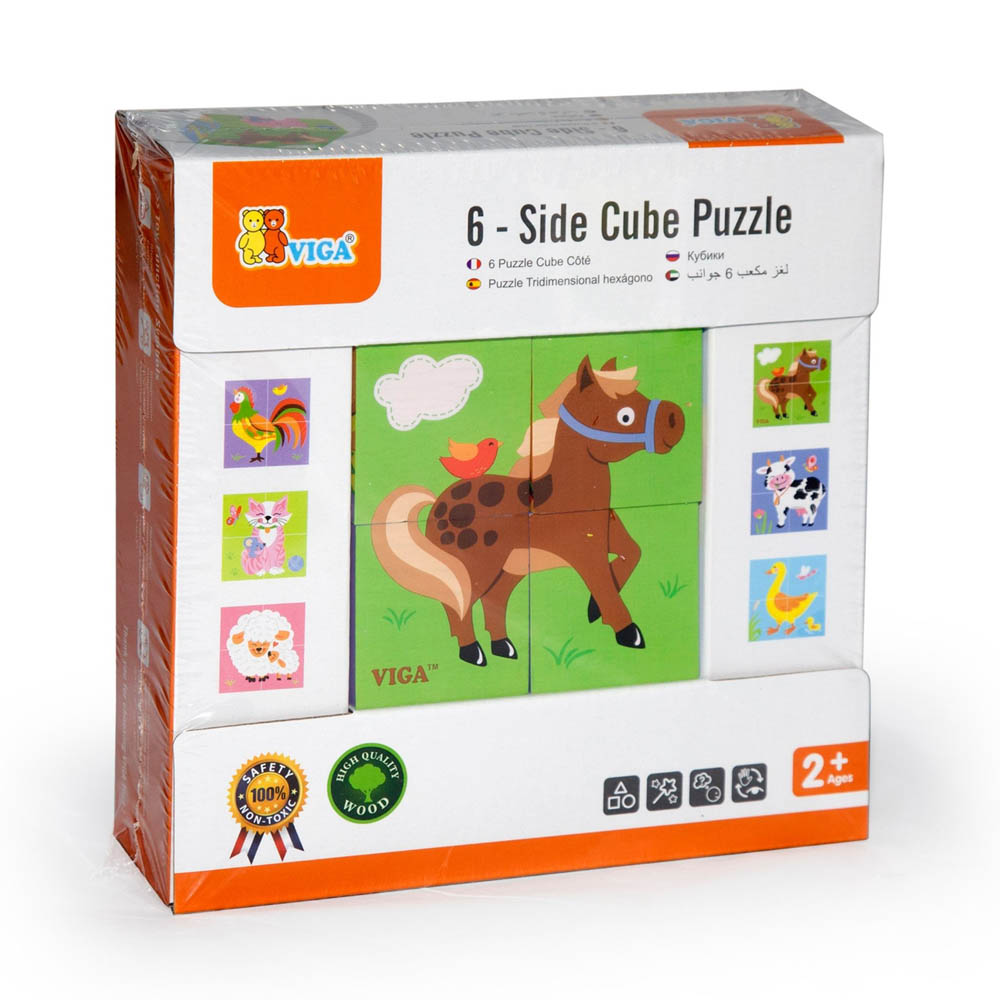 Viga - 6-side Cube Puzzle - Farm Animals (4pcs)