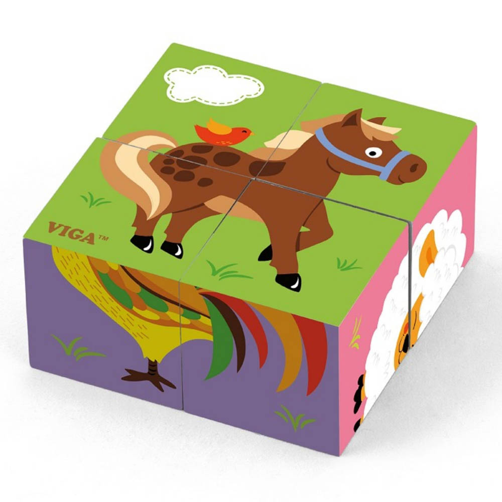 Viga - 6-side Cube Puzzle - Farm Animals (4pcs)