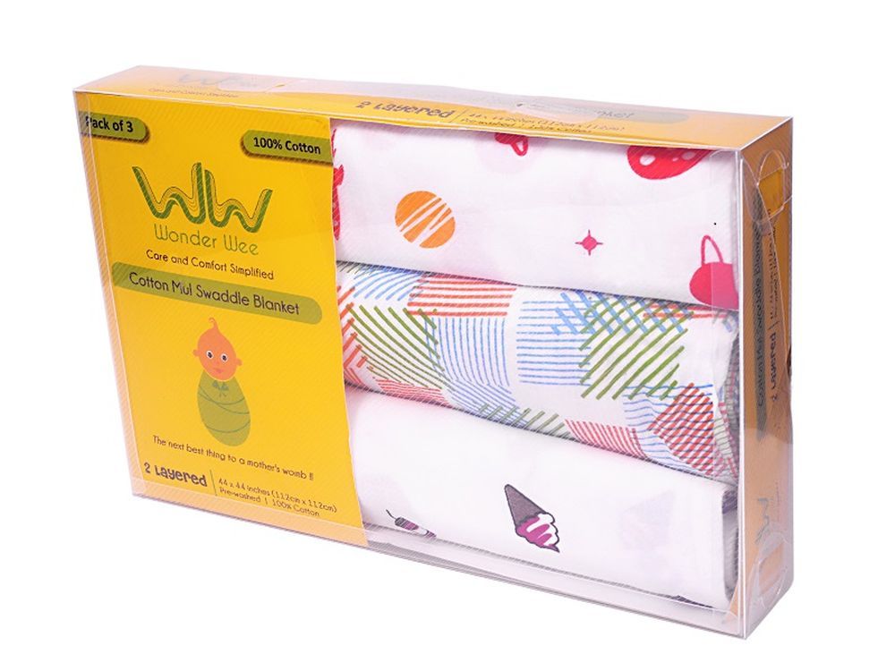 Wonder Wee - Baby Swaddle Blanket Pink Food Pack of 3 - 112cm x112cm