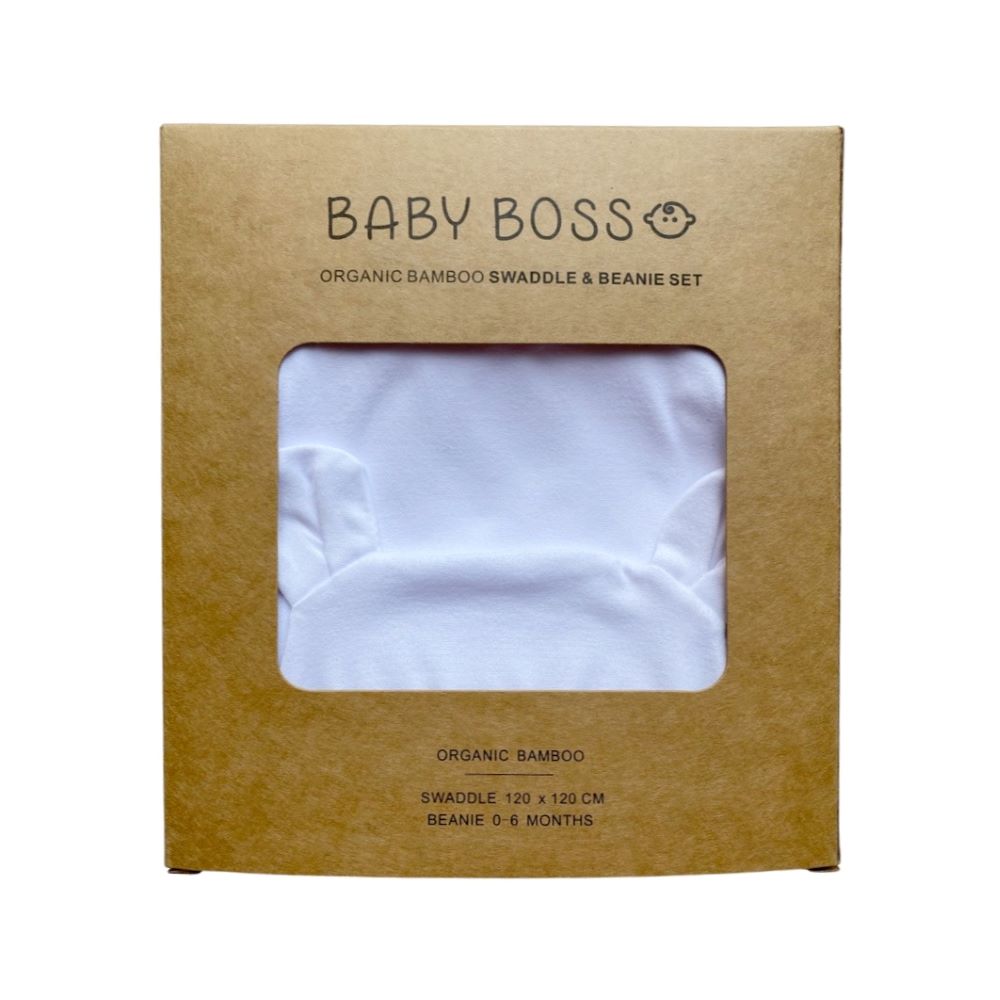 Baby Boss ME - Organic Bamboo Swaddle & Beanie Set - White