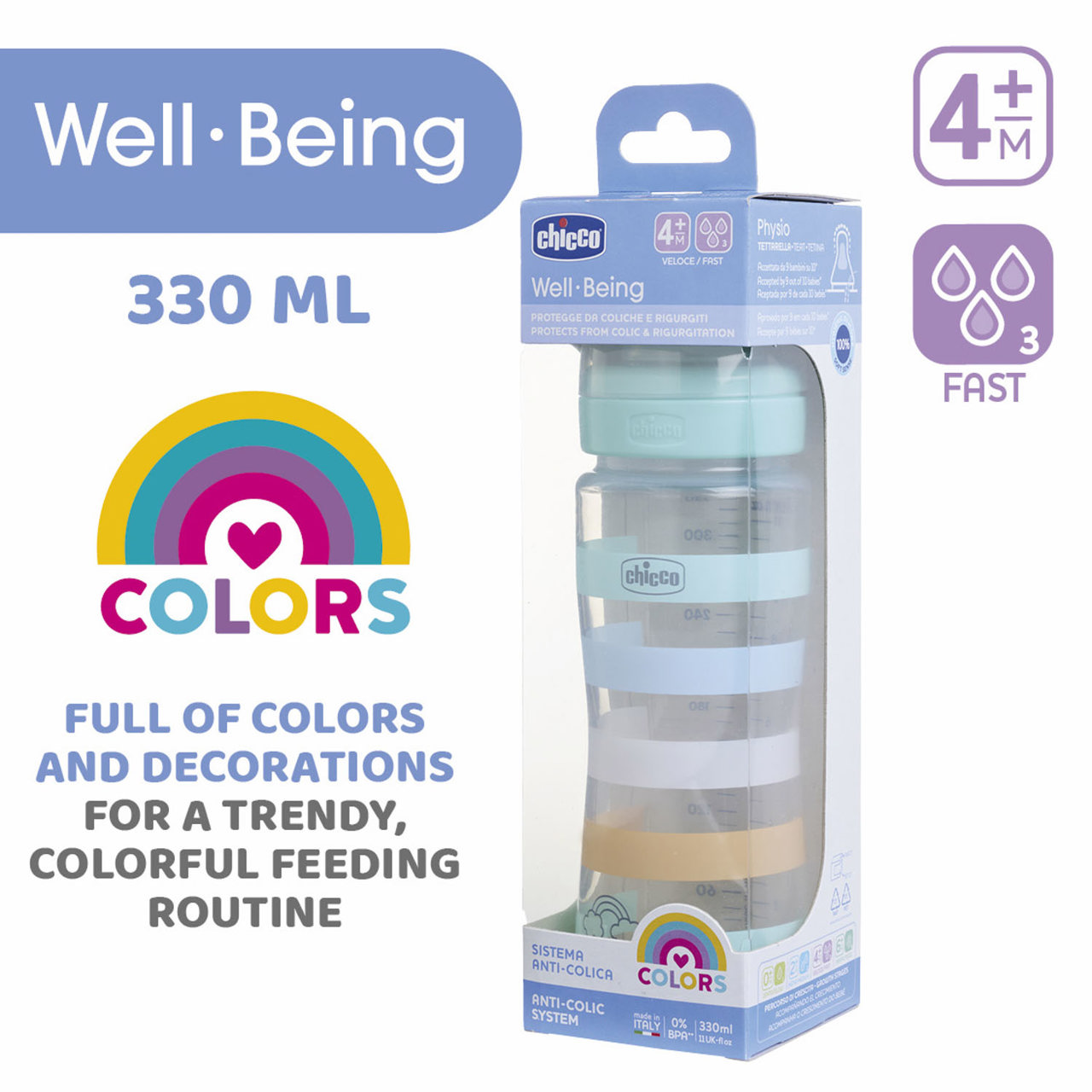 Chicco - Well-Being Plastic Feeding Bottle 330ml Fast Flow Silicone - Green