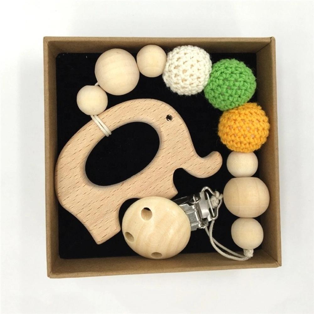Factory Price - Wooden Teether with Pacifier Clip - Elephant