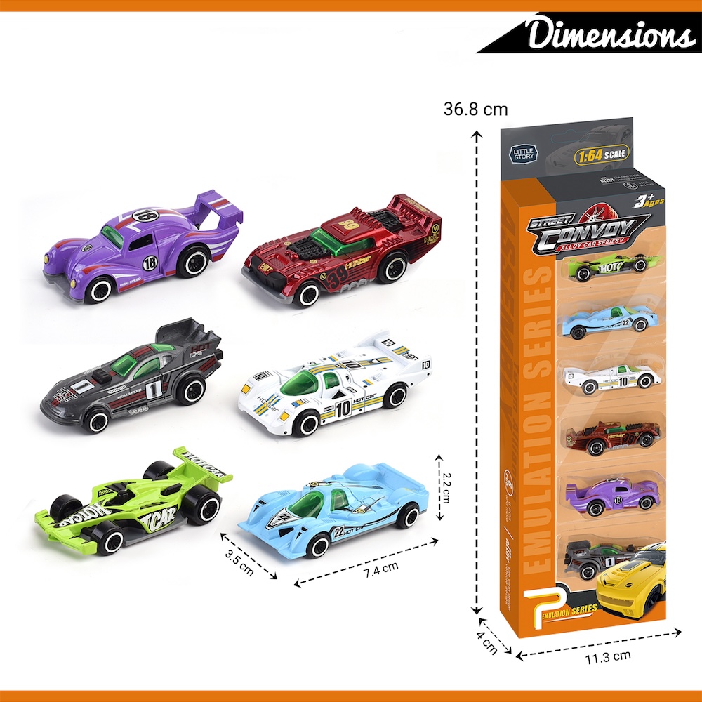 Little Story - Alloy Glide Racer Toy Car (6Pcs) - Multicolor