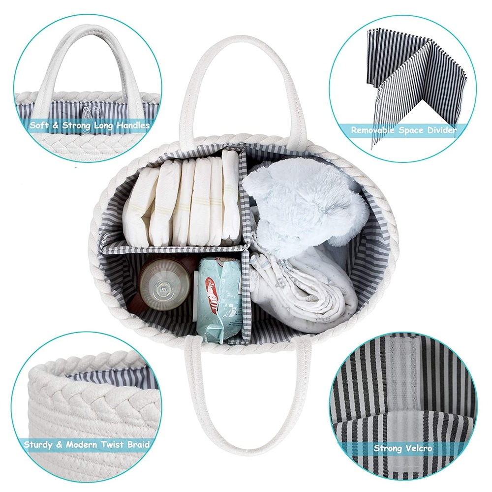 Little Story Cotton Rope Ivory Diaper Caddy - Portable Nursery Storage Basket for 0-6 Months, Removable Divider, Easy Access Organizer