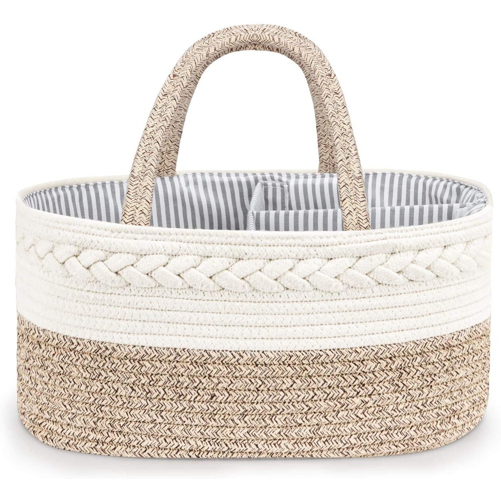 Little Story Cotton Rope Ivory Diaper Caddy - Portable Nursery Storage Basket for 0-6 Months, Removable Divider, Easy Access Organizer