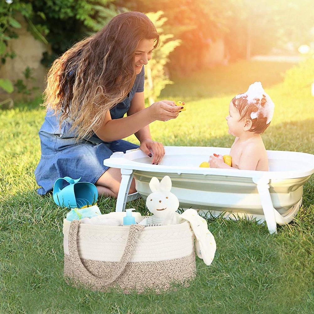 Little Story Cotton Rope Ivory Diaper Caddy - Portable Nursery Storage Basket for 0-6 Months, Removable Divider, Easy Access Organizer