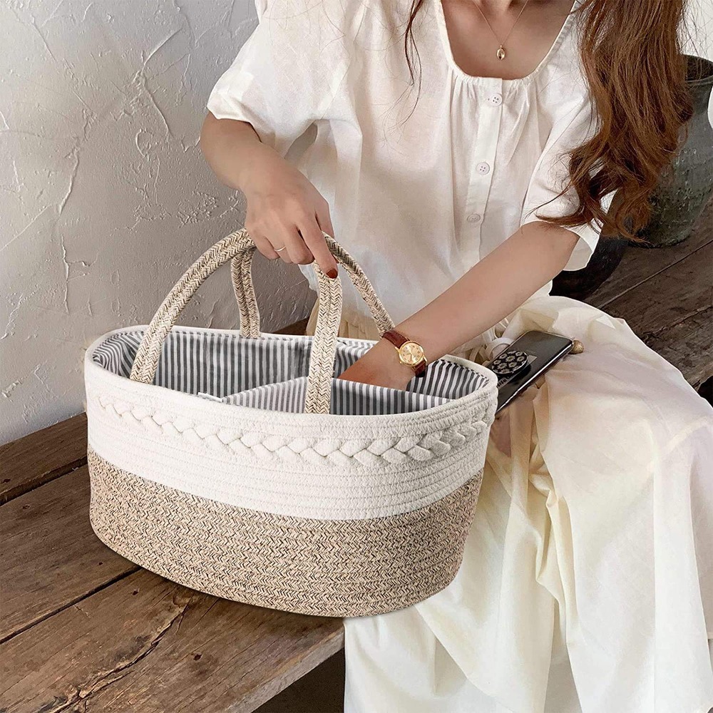 Little Story Cotton Rope Ivory Diaper Caddy - Portable Nursery Storage Basket for 0-6 Months, Removable Divider, Easy Access Organizer