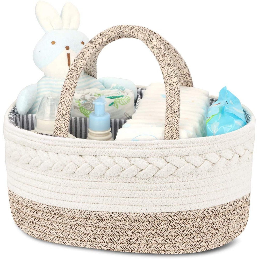 Little Story Cotton Rope Ivory Diaper Caddy - Portable Nursery Storage Basket for 0-6 Months, Removable Divider, Easy Access Organizer
