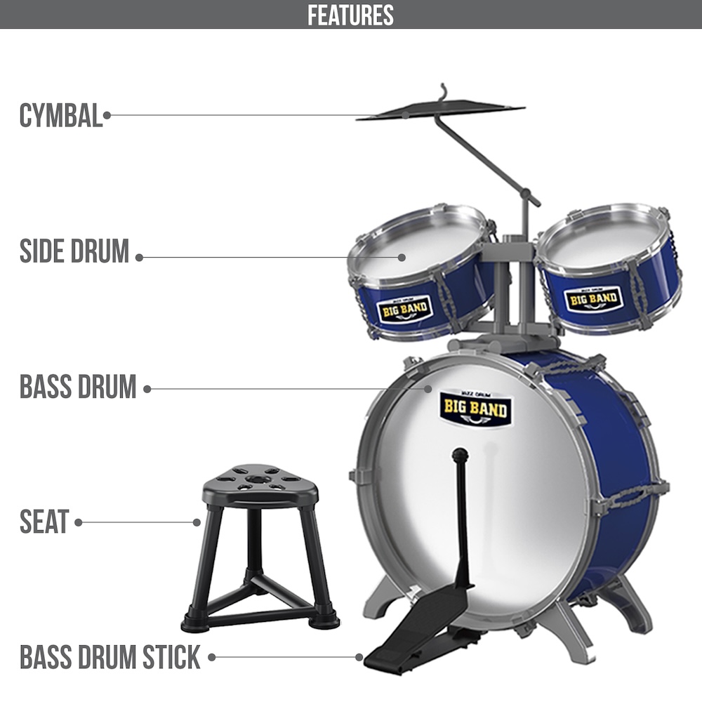 Little Story - Kids Drum Set Musical Instrument With Stool - Blue