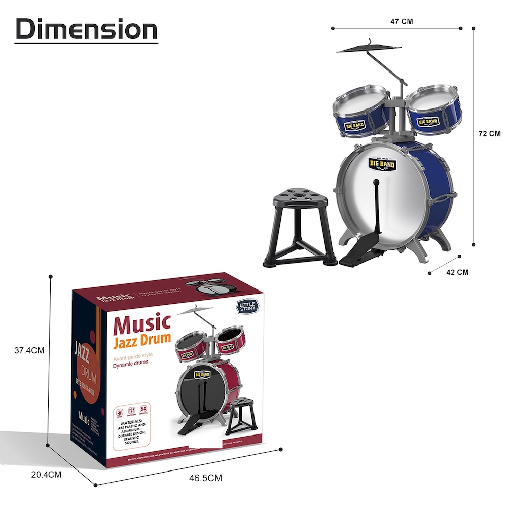 Little Story - Kids Drum Set Musical Instrument With Stool - Blue