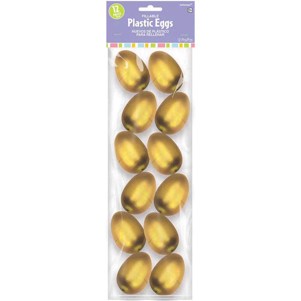 Amscan - Gold Metallic Plastic Eggs Small, 12Pcs