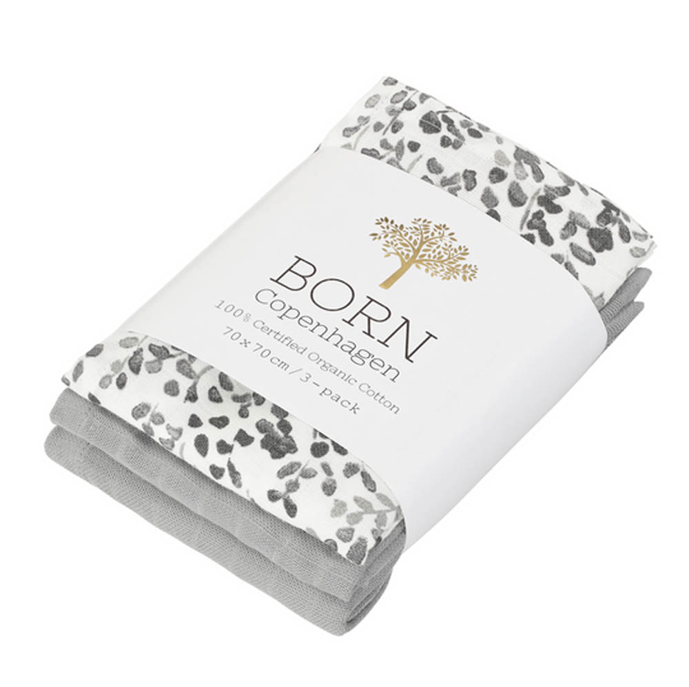 Born Copenhagen - Organic Cotton Muslin - Grey Leaf (Pack of 3)