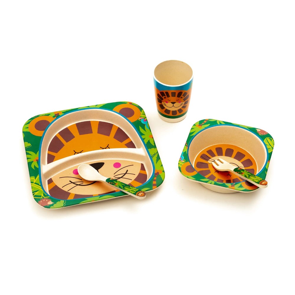 Brain Giggles - 5Pcs/Set Bamboo Kids Dinnerware Set - Lion Tableware