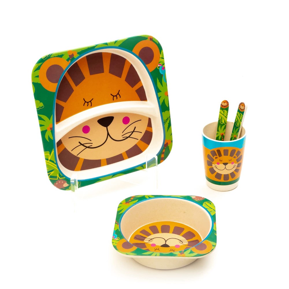 Brain Giggles - 5Pcs/Set Bamboo Kids Dinnerware Set - Lion Tableware