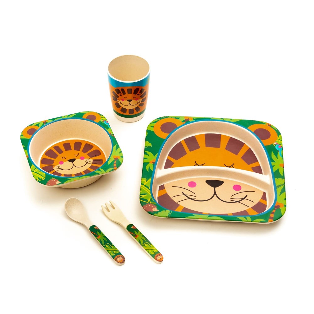 Brain Giggles - 5Pcs/Set Bamboo Kids Dinnerware Set - Lion Tableware
