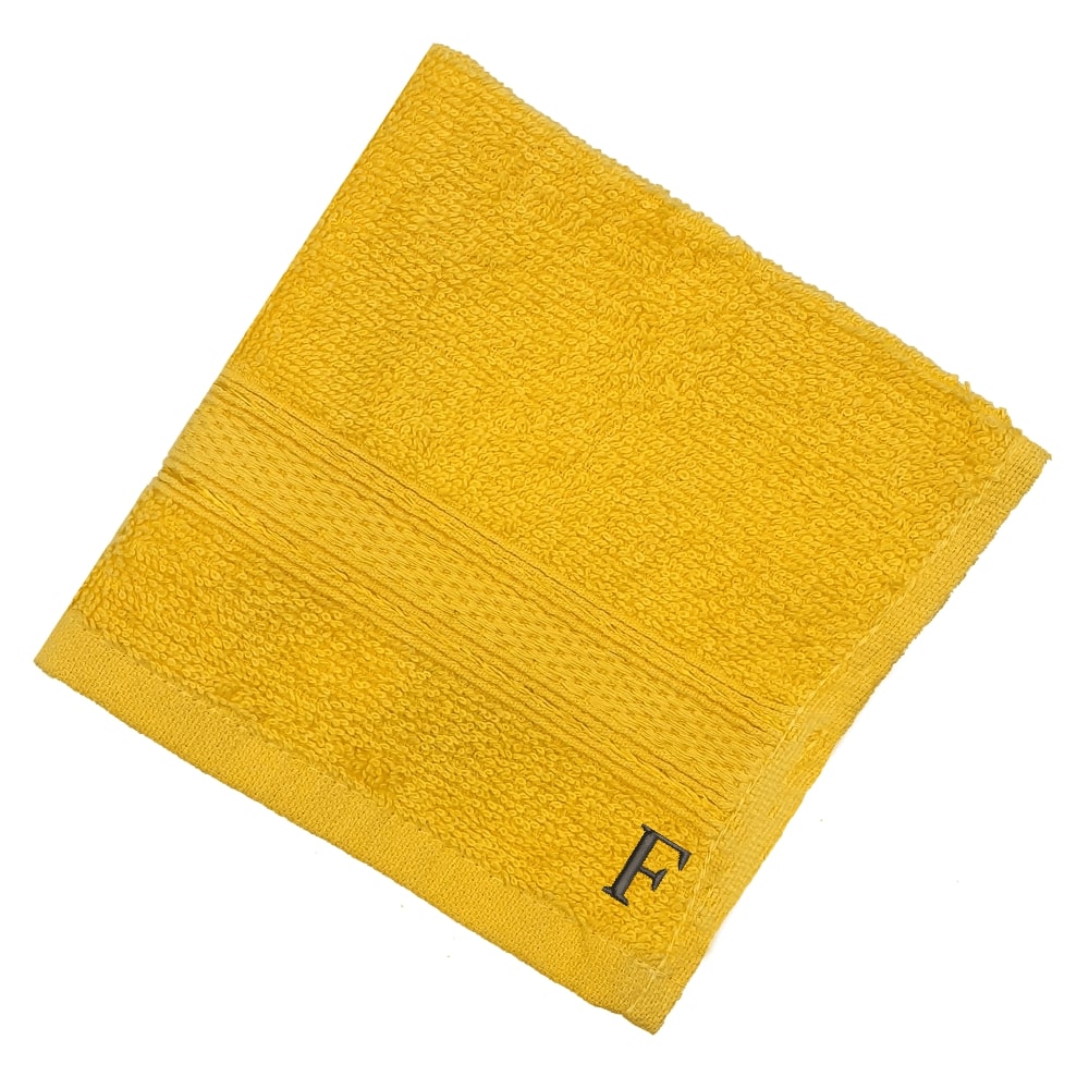 BYFT - Daffodil (Yellow) Monogrammed Face Towel (30 x 30 Cm - Set of 6) - 500 Gsm Black Thread Letter "F"