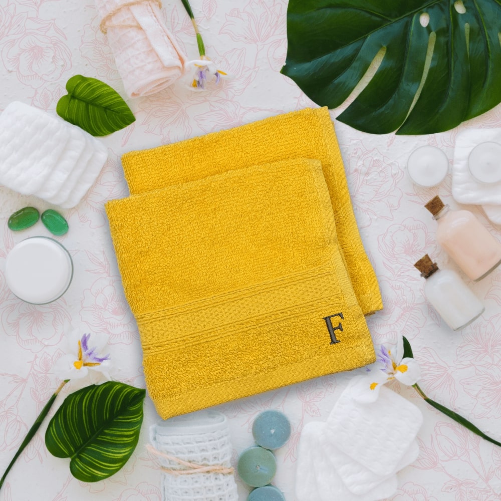 BYFT - Daffodil (Yellow) Monogrammed Face Towel (30 x 30 Cm - Set of 6) - 500 Gsm Black Thread Letter "F"