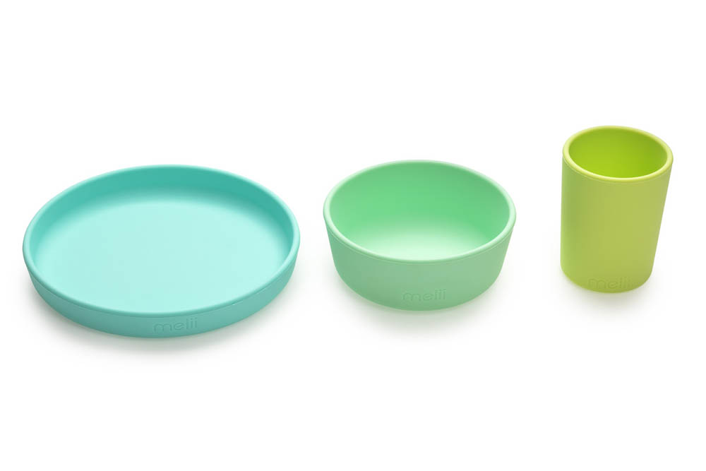 Melii - 3 Piece Silicone Feeding Set (Plate, Bowl & Cup) Blue, Lime, Mint