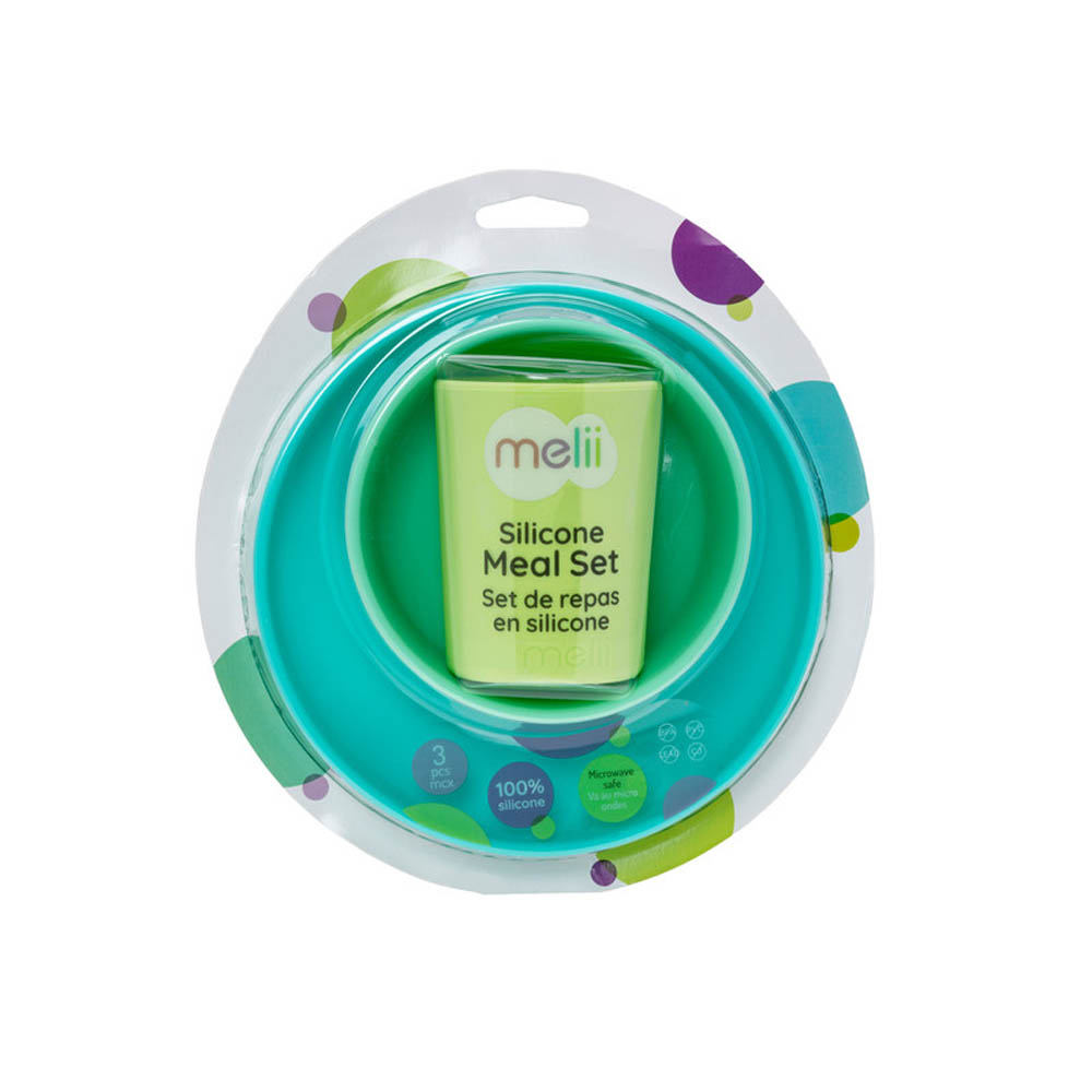Melii - 3 Piece Silicone Feeding Set (Plate, Bowl & Cup) Blue, Lime, Mint