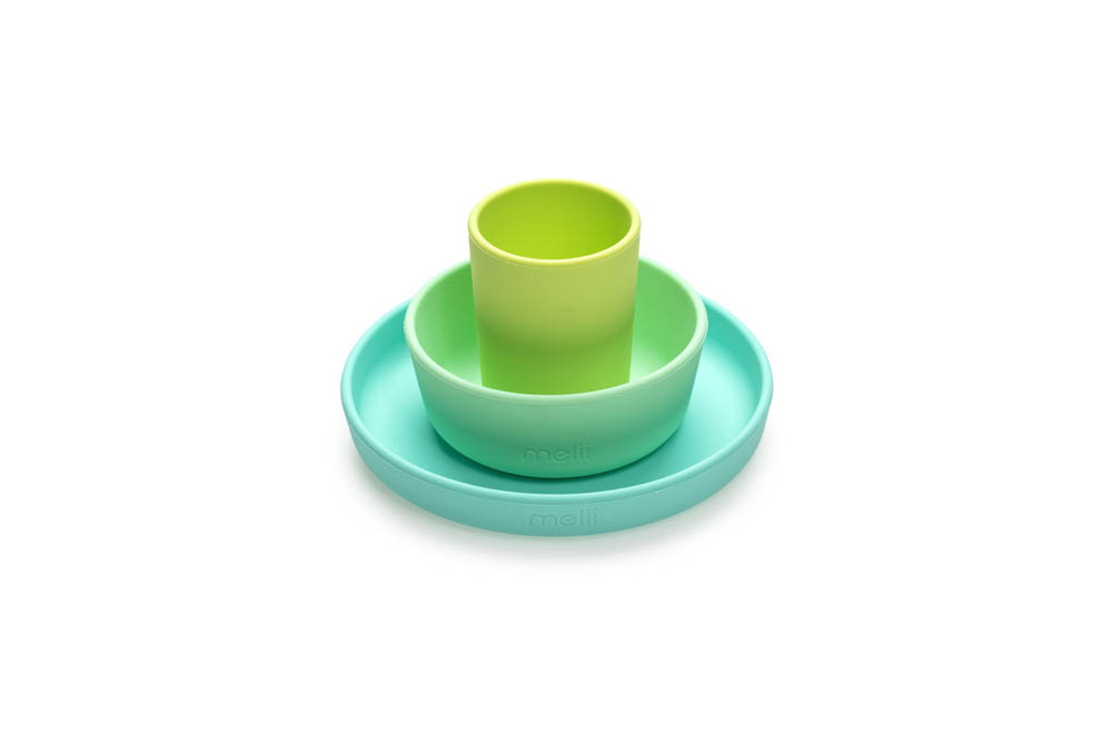 Melii - 3 Piece Silicone Feeding Set (Plate, Bowl & Cup) Blue, Lime, Mint